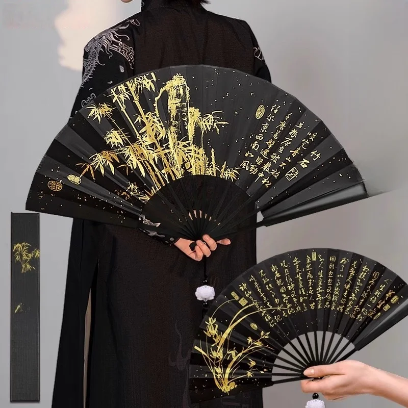 

2026 New Sle Bla Gold Silk Fan Traditional Chinese Hanfu Dance Design Bamboo Frame ex Summer Cooling Tool