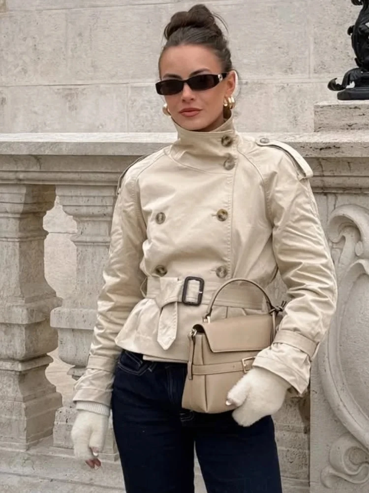 

New Double-Breasted Short Trench Coat Stand Collar Belt Windbreaker Fashion Women Autumn Cropped Jacket Classic Female Outerwear