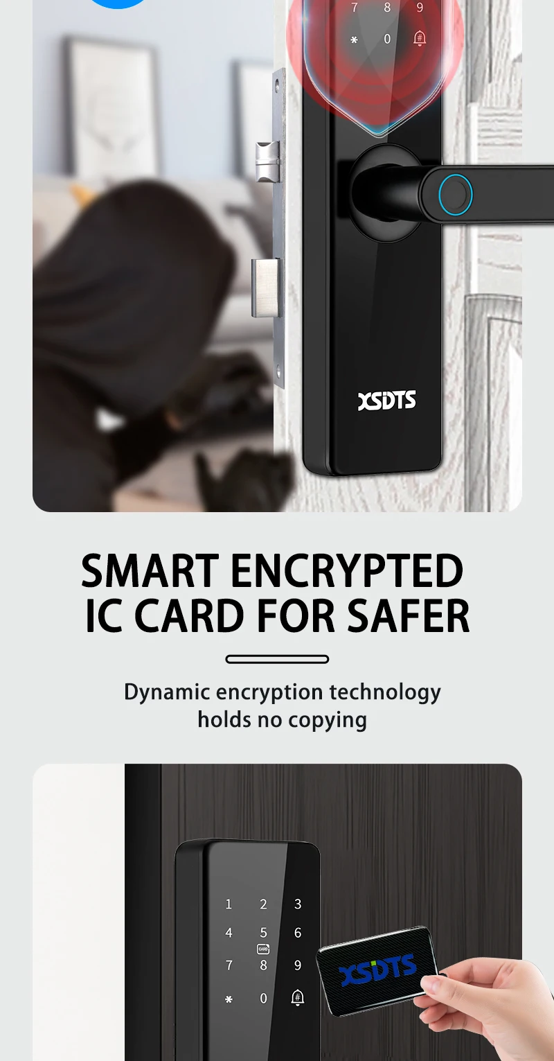 XSDTS Electronic Smart Door Lock With Biometric Fingerprint Smart Card Password Key Unlock USB Tuya APP Emergency Charge Lock