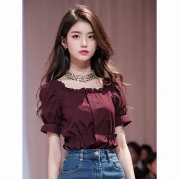 Abbigliamento estivo di fascia alta alla moda Nuovi abiti da donna Camicia arricciata dal design francese Top in chiffon rosso vino alla moda