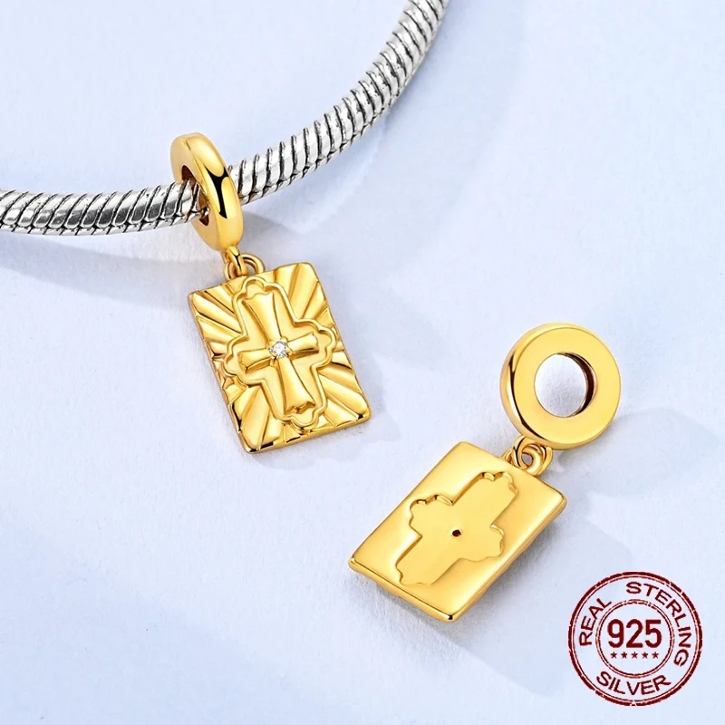 

925 Sterling Silver Golden Cross Dangle Charm Zircon Accent Pendant Fit Original Bracelet DIY Women Jewelry Gift