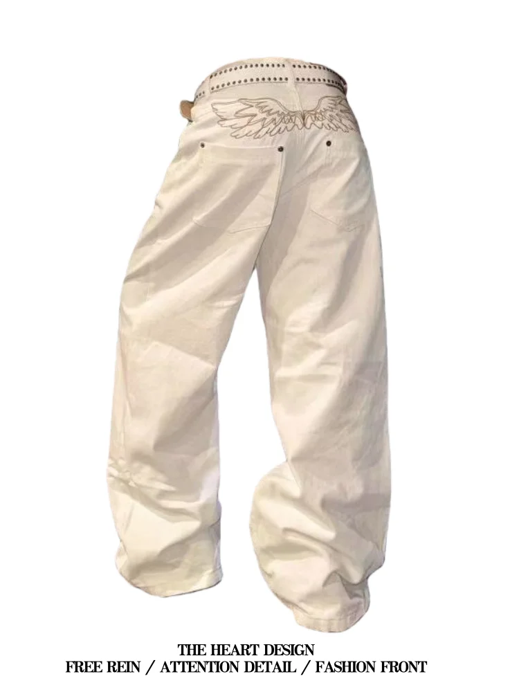 American Punk Fashion Women's White Baggy Jeans with Wing Embroidery - Y2K Streetwear Loose Wide Leg Denim Pants Hip Hop
