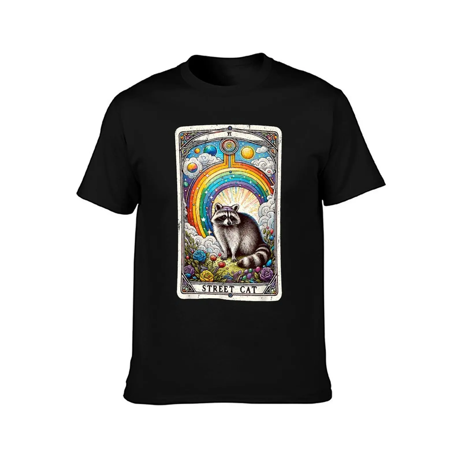 Raccoon Street Cat Tarot Card Rainbow Racoon Witchcraft Possums T-Shirt, Summer Casual Cotton Tee, Oversized Streetwear Tops