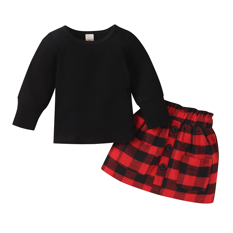 2-7 Years Auutumn Kids Girls Christmas Clothes Sets Long Sleeve Solid Tops Plaid Skirt Toddler Baby Girl Clothes Party Clothing