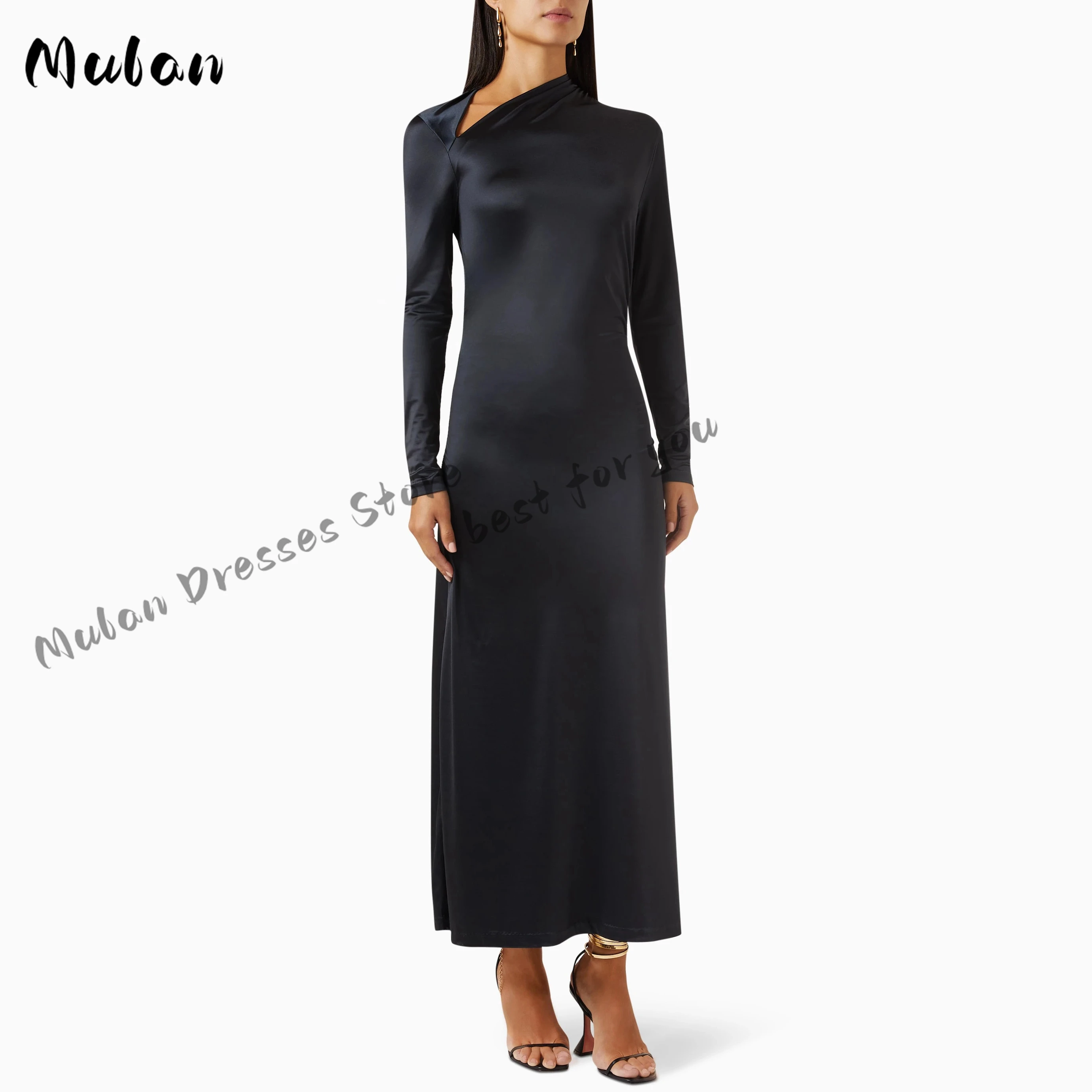 

Black Long Sleeves Simple Evening Dresses For Prom Ankle-length Special Collar Formal Occasion Dresses outlet Party Gown