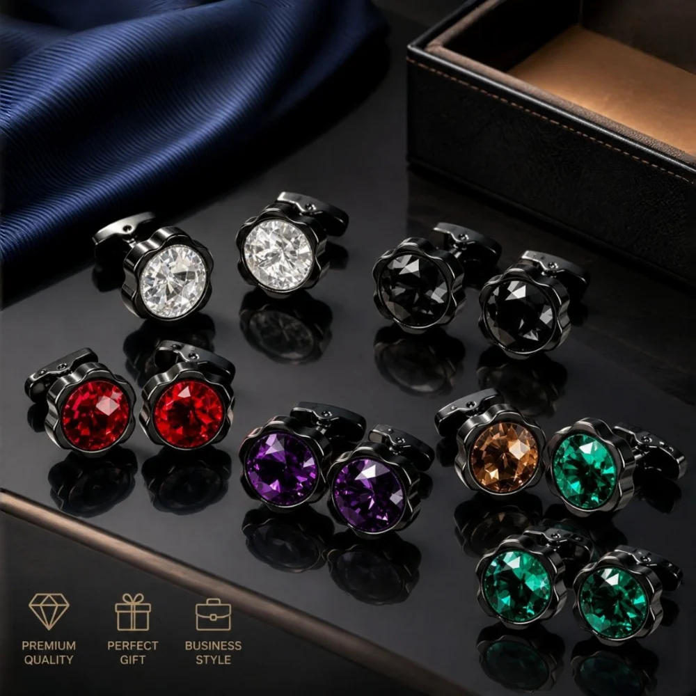 Men Round Cut Crystal Gemstone Cufflinks Luxury Metal Shirt Cuff Buttons Business Wedding Groom Accessories Gift