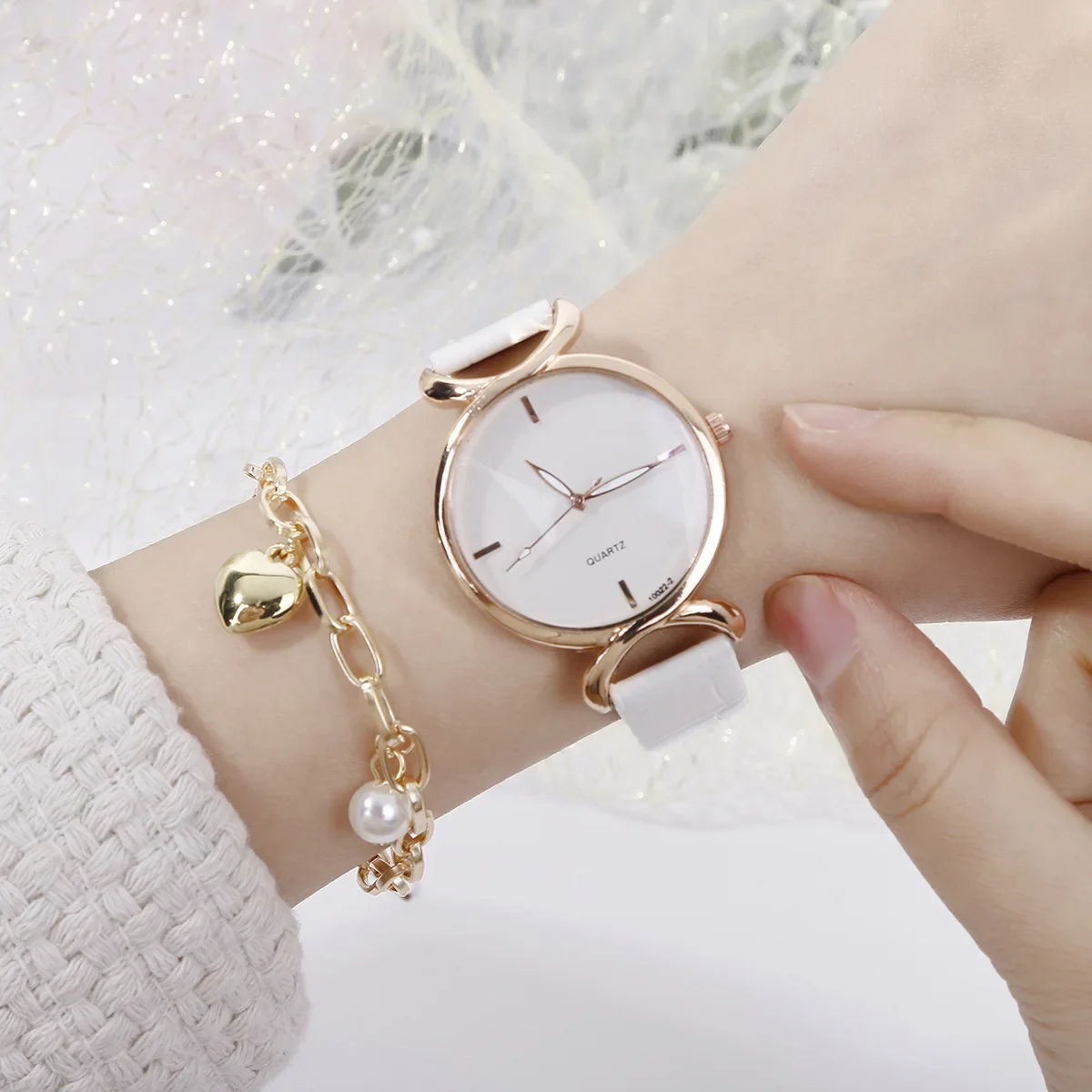 Quartz Wristwatches Bracelet Set Casual Ladies Watches Clock Gift Simple Women's Watches Set White Dial Leather Strap Reloj