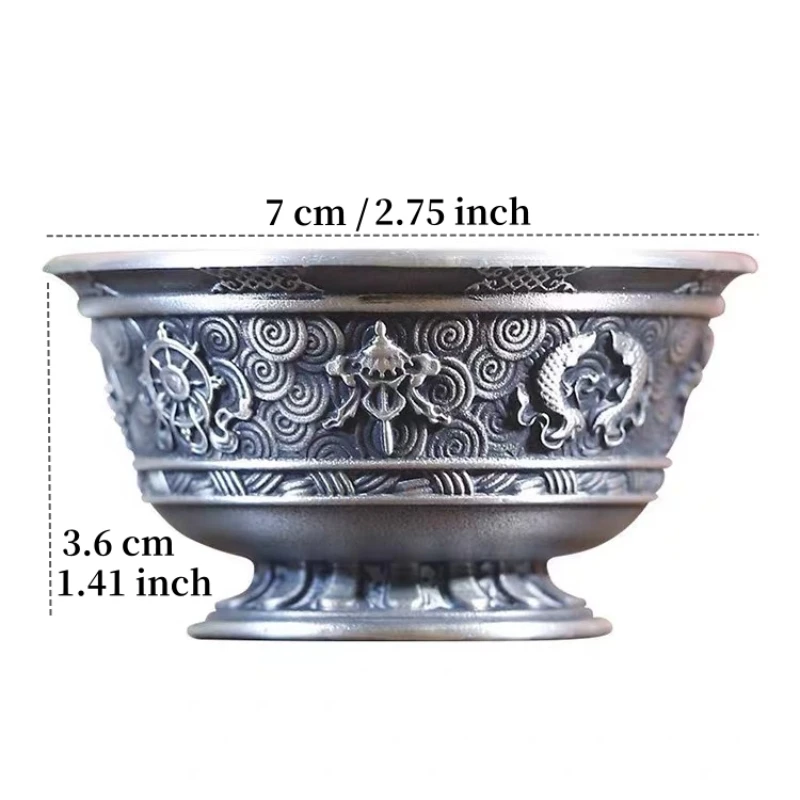 7Pcs,Tibetan Altars Gray Tin Drinking Bowl, Tribute Holy Water Cup, Engraved Buddhist Bowl,Religious Desktop Decorative ,7 cm
