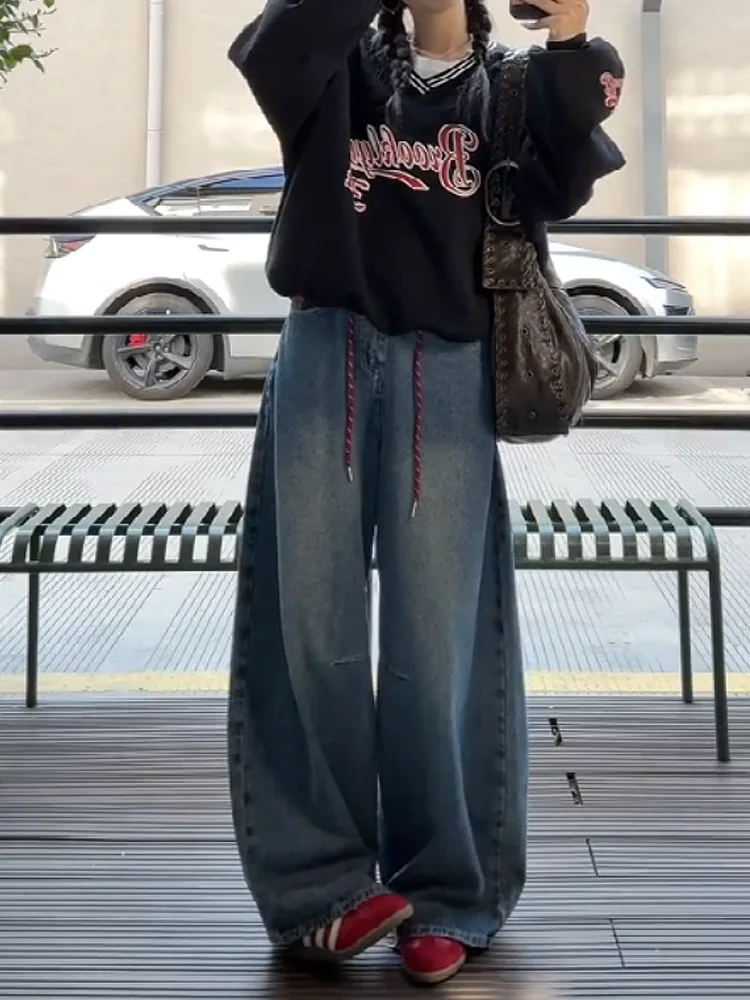 

American Style High Waist Plaid Loose Fit Long Pants Women's Autumn New Design Slimming Wide Leg Jeans Casual Casual