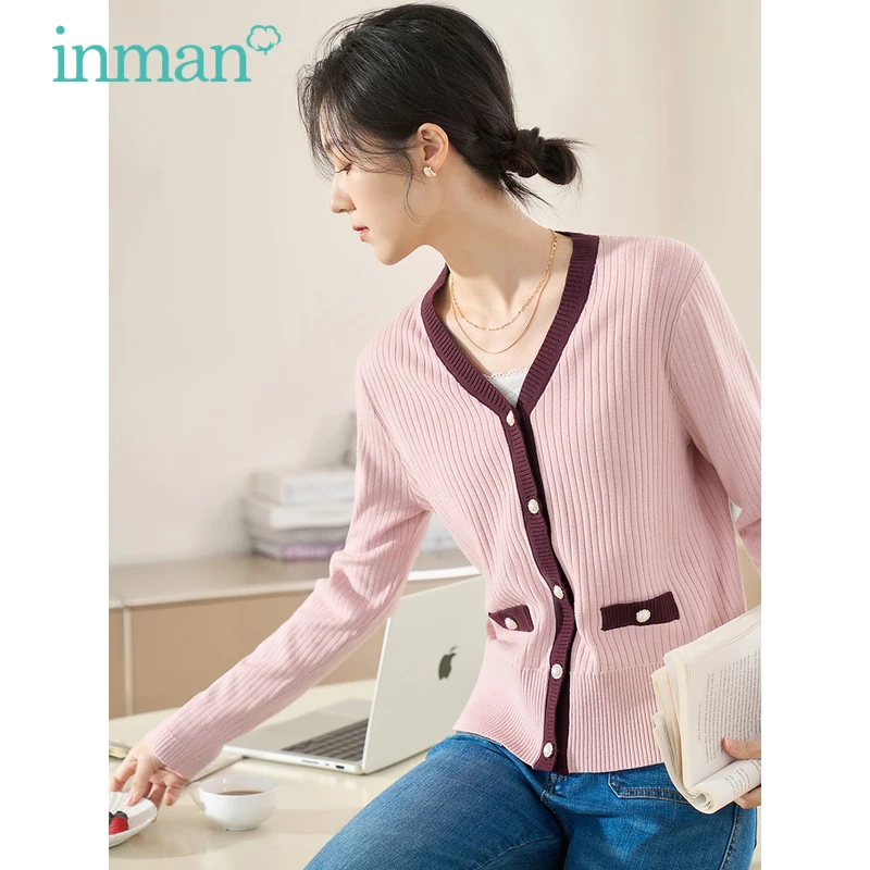 INMAN Women Knitted Cardigan 2023 Spring Long Sleeve V Neck Loose Sweater Pearl Buttons Contrast Colors Elegant Office Tops