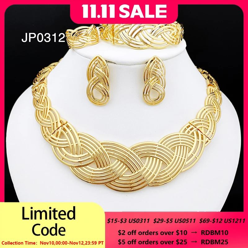 

Fashion 18K Gold Plated Jewelry Set For Women Classic Design Woven Pattern Necklace Earrings Bracelet And Ring 4PCS Set Jewelry
