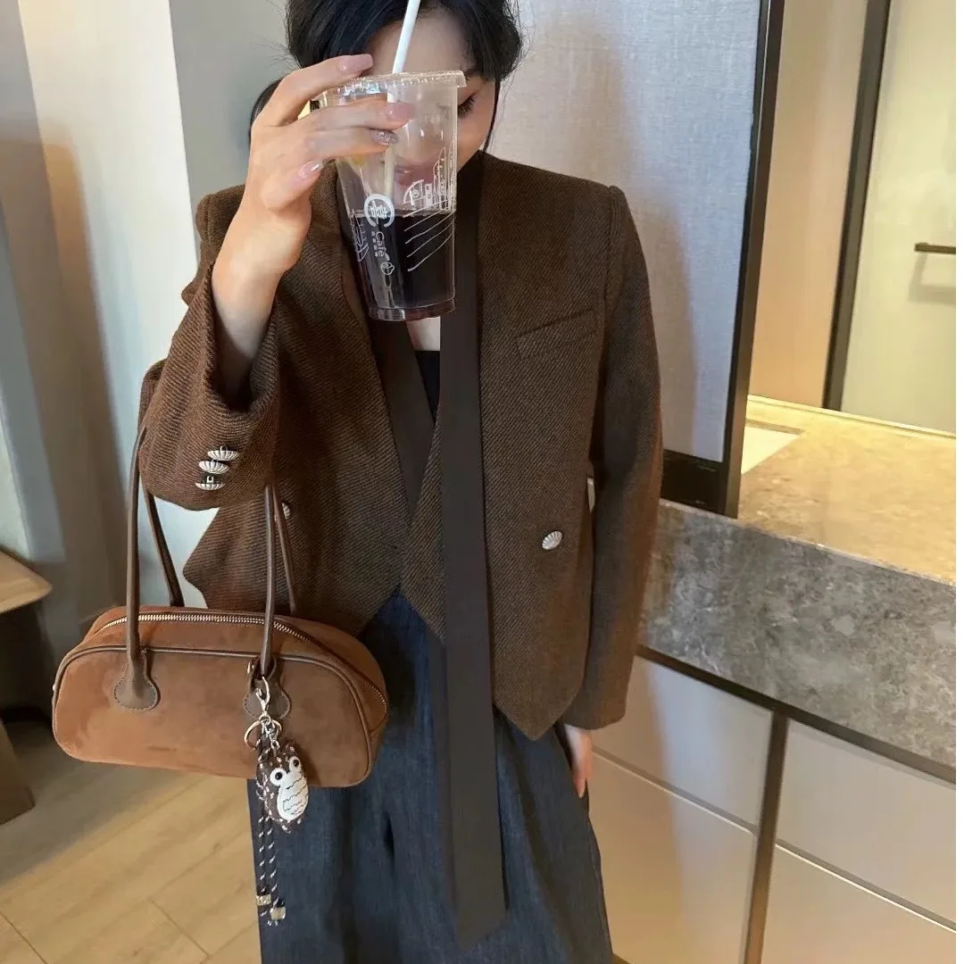 

ort Casual Women's Jaet 2025 Spring Autumn New Korean Version Ele Ribbon Design Slimming Small Western Sle Top