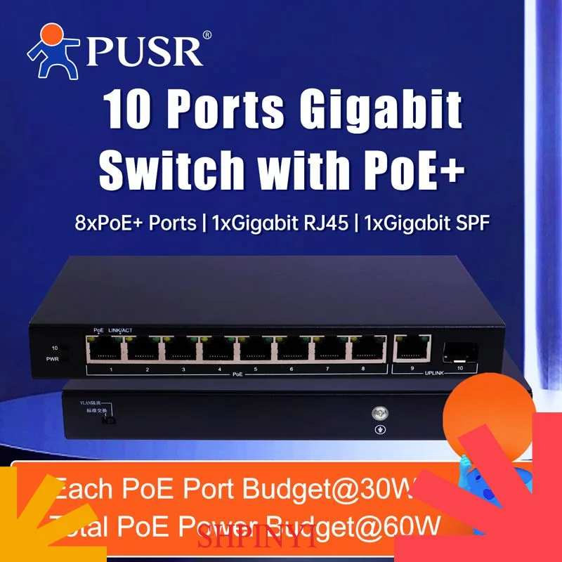 PUSR 10 Port Gigabit PoE Switch with 8 PoE+ Metal Shell Desktop or Wall Mounting 1 Gigabit Eth and 1 SFP Port POE Out USR-S1210P