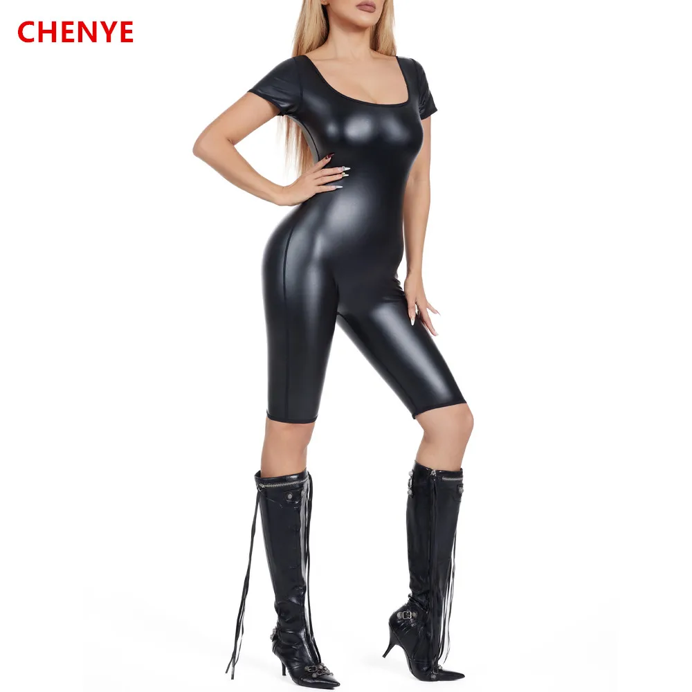 New Faux Leather Shapewear Short Romper Jumpsuit Leotard Short Sleeves Tops Shirt Women Body Shaper Stretch BlouseLady Bodysuits