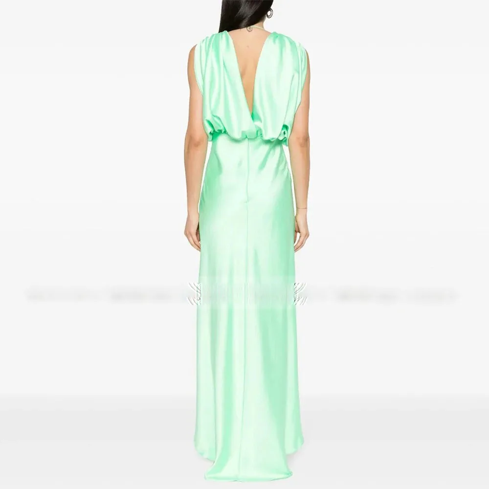 Modern Concert Costumes Green Satin Pleat Evening Straight V-neck Long Dresses Elegant Luxury Evening Dress 2024