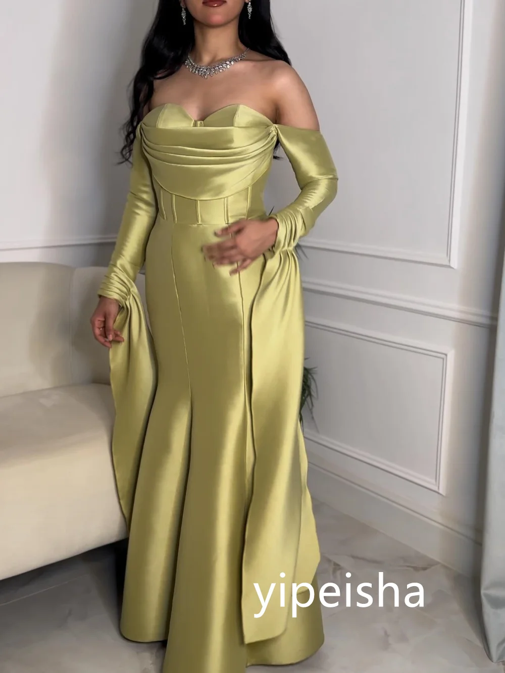 Customized Matching Pleat Mermaid Off-the-shoulder Midi Dresses Prom Dresses Classic Exquisite Modern Style Pastrol Unisex Chine