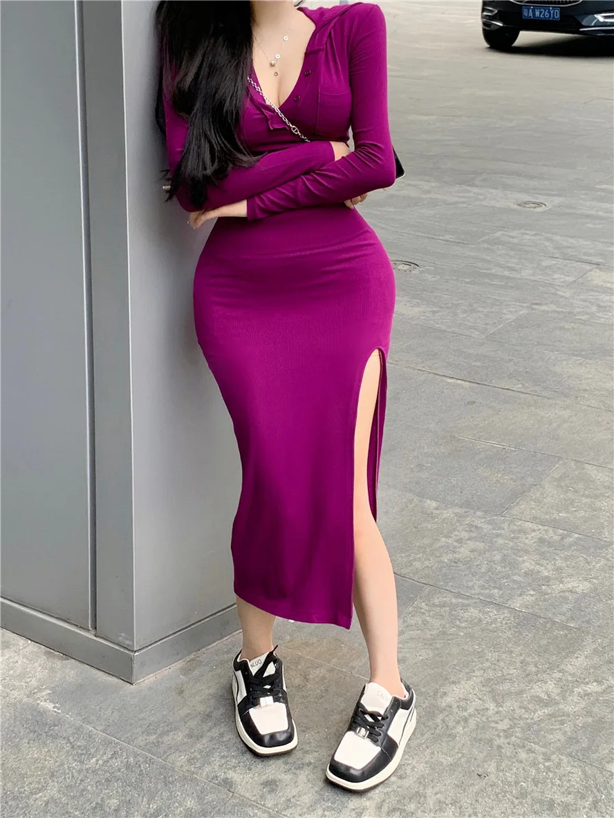 Spring New Temperament Lady Style V-neck Sexy Dress Women's Long Sleeved Slit Long Purple Hooded Knitted Buttocks Dresses  NQMP