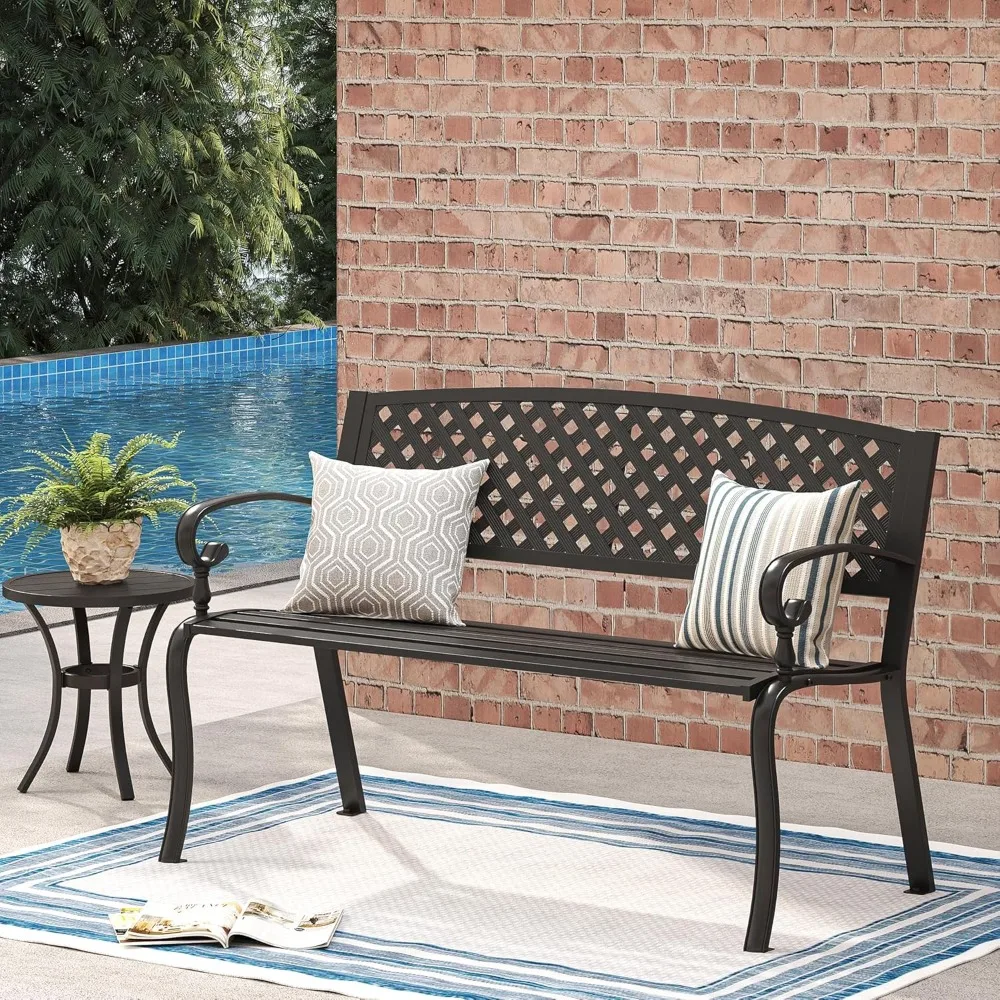 Outdoor Garden Bench,  Long Metal Patio Bench with Backrest and Armrests, Modern Slatted Black Park Bench for Front Porch