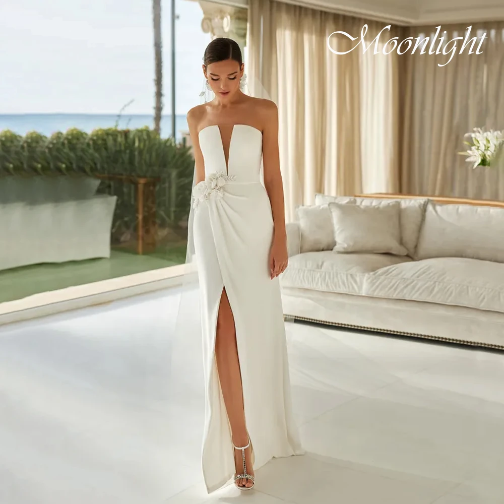 Modern V-Neck Sheath Wedding Dress 2026 Flowers Sleeveless Pleat High Split Open Back Bridal Gown Vestidos De Novia Customized