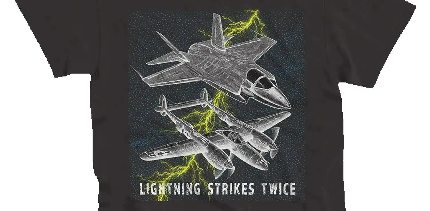 

Lightning Strikes Twice. Creative Design F-35 P-38 Fighter T-Shirt. Summer Cotton Short Sleeve O-Neck Mens T Shirt New S-3XL