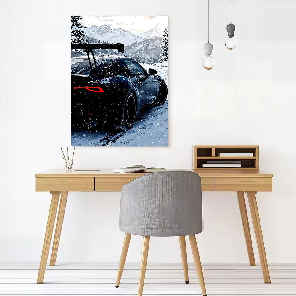 Black Car in Snowy Mountains Poster Canvas Wall Art Custom Photo Print Modern Painting for Fans Decor Room Wand Deko Bedroom