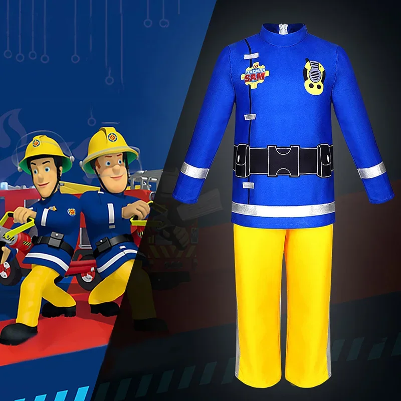 Costume Fireman Sam Performance Stage Role-playing Firefighters Cosplay Boy Girl School Holiday Clothes Game Play 3-pcs Outfit