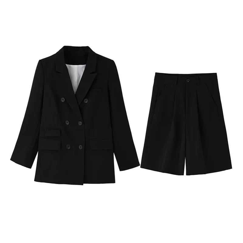 Terno preto estilo coreano para mulheres, meia calça, blazer de manga comprida, conjuntos de jaqueta casual, primavera, verão, novo, 2 peças, 2022