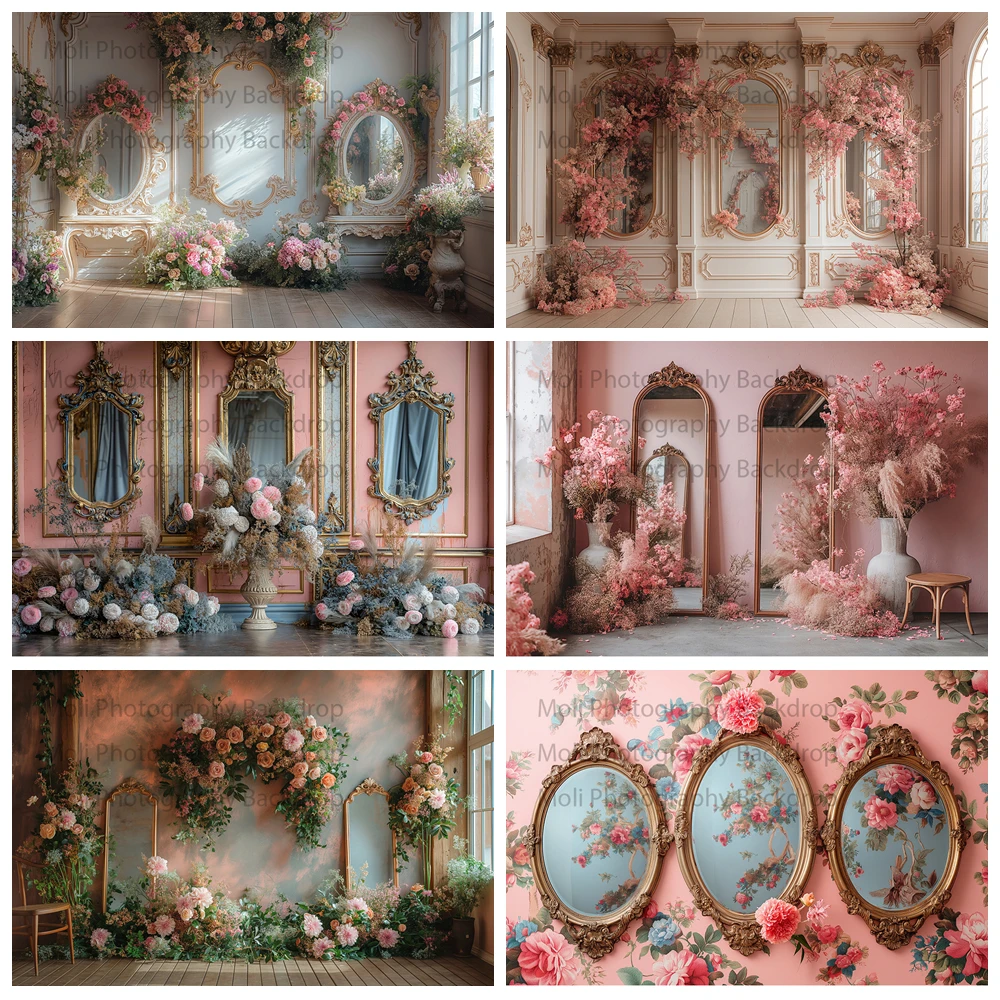 

Pink Wall and Mirror Windows Backdrop Kids Baby Cake Smash Photography Props Child Girls Adult Floral Studio Backgrounds
