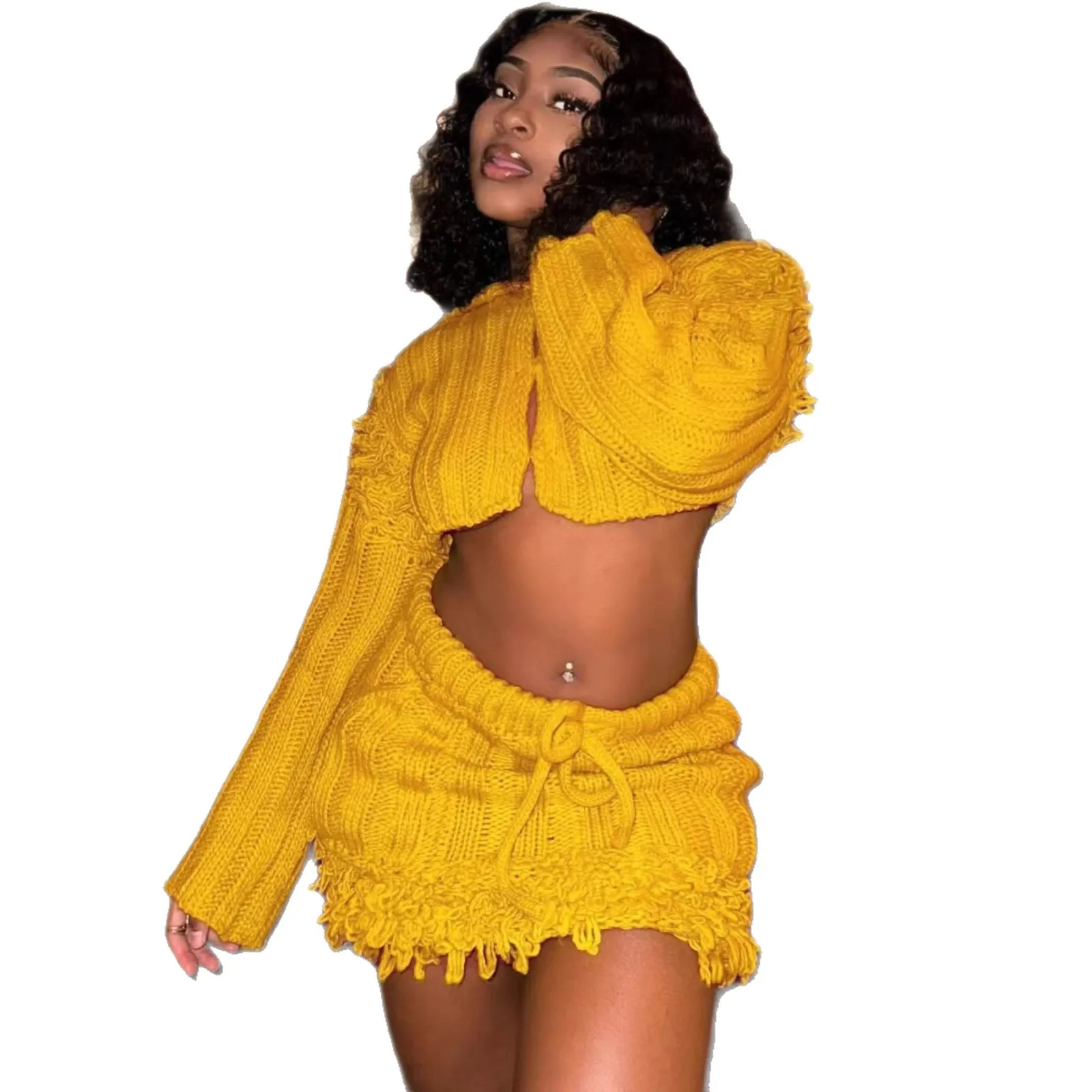 Ensemble 2 pièces tricoté pour femmes, Cardigan à franges, pull court, Mini jupes taille haute, nouvelle collection automne hiver 2021, tenues à la mode Streetwear