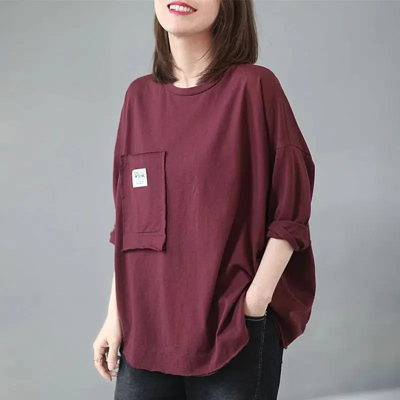 Spring Autumn Korean Simple Style Applique Pocket Solid Oversize T Shirt Women Casual O Neck Long Sleeve Top Female Clothing2023