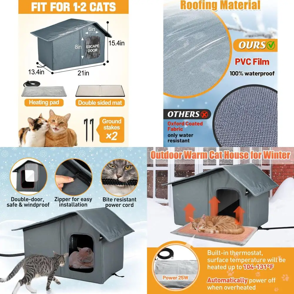 

Изолированное укрытие для кошек на открытом воздухе с термостатическим подогревом для зимы — атмосферостойкий домик для домашних животных для 1-2 кошек (средний)