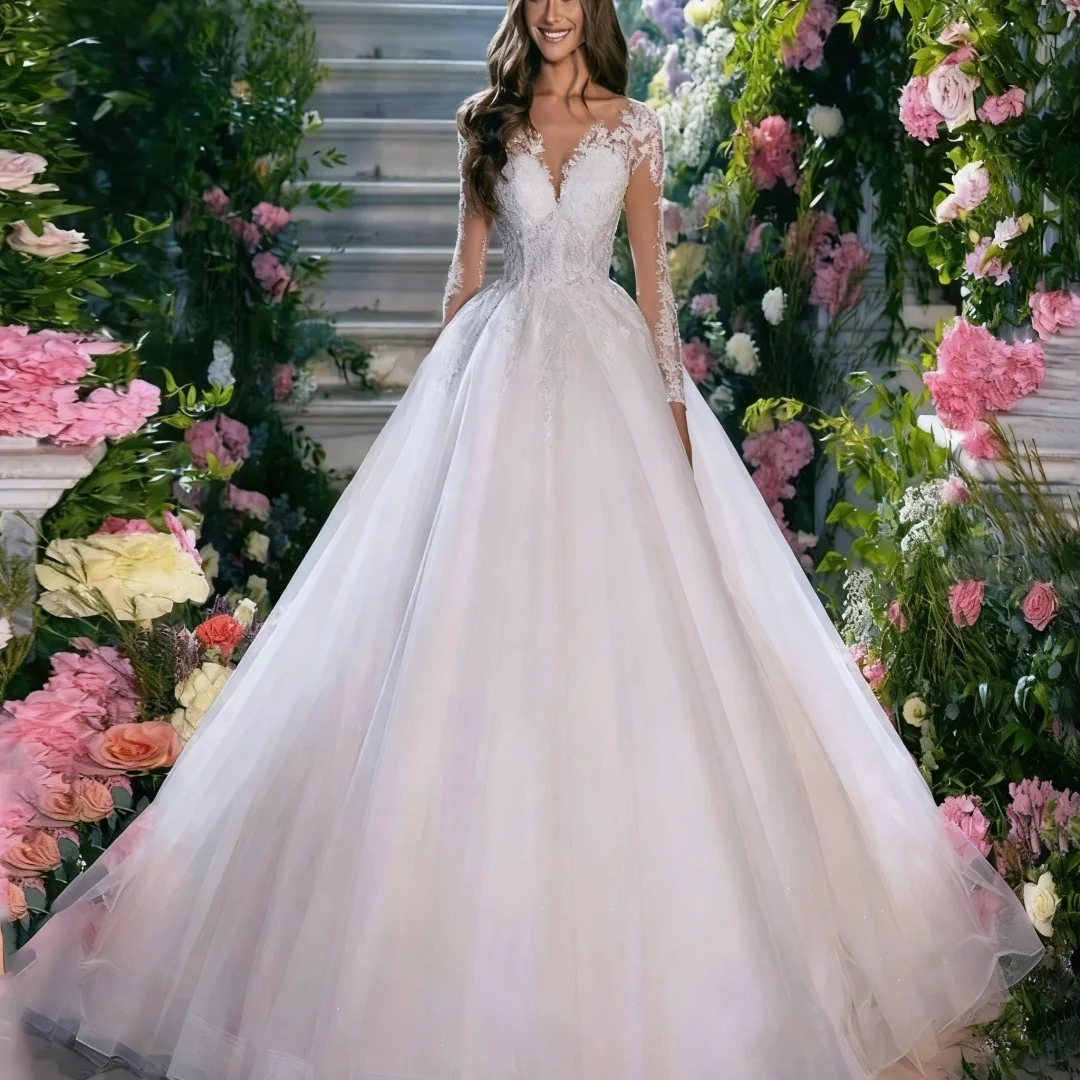 Abiti da festa formali da sposa con maniche lunghe applicate a trapezio eleganti con bottoni senza schienale personalizzati