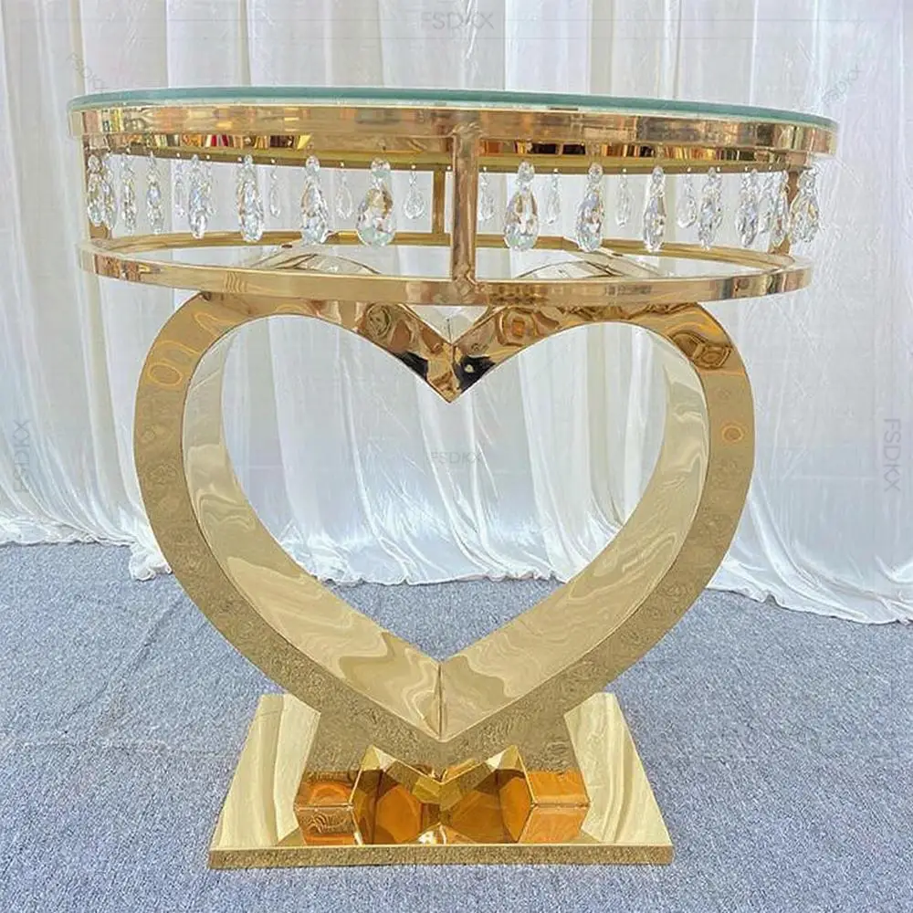

FSDKX Modern Luxury Wedding Events Cake Table Gold Clear Diamond Heart Shaped Cake Stand Display for Sale