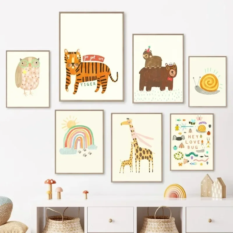 1pc Frameless Boho Tiger Giraffe Owl Insect Educational Wall Art Posters Minimalist Print Canvas Painting for Living Room Modern