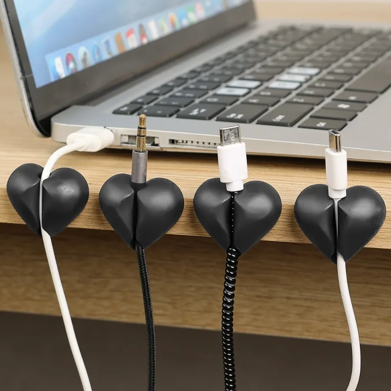 3holes Heart Shaped Desktop Silicone Cable Winder Organizer Holder Cord Management Clips for Mouse Earphone Date Cable