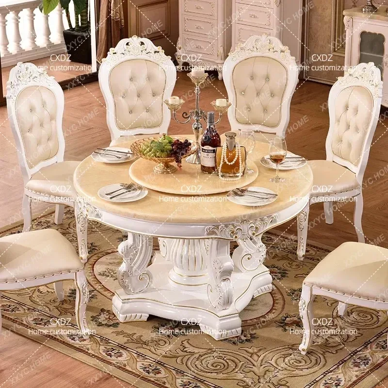 European Style Marble Round Dining Table with Solid Wood Carved Flower Base Double Turntable Living Room Furniture Set with