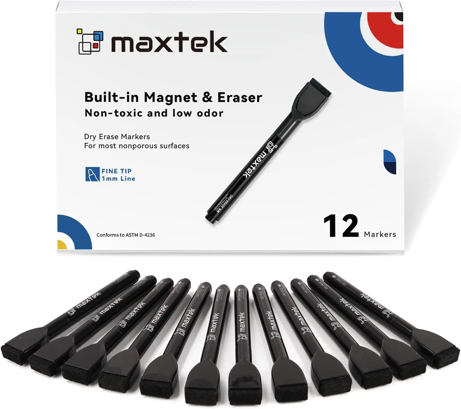 Magnetic Black Dry Erase Markers, 12 Count Fine Tip Whiteboard Markers with Eraser, Low Odor for Classroom Office Home