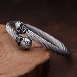 Punk Vintage 316L Stainless Steel Skull Head Bracelet For Men Fashion Biker Twist Rope Bracelets Party Amulet Jewelry Wholesale