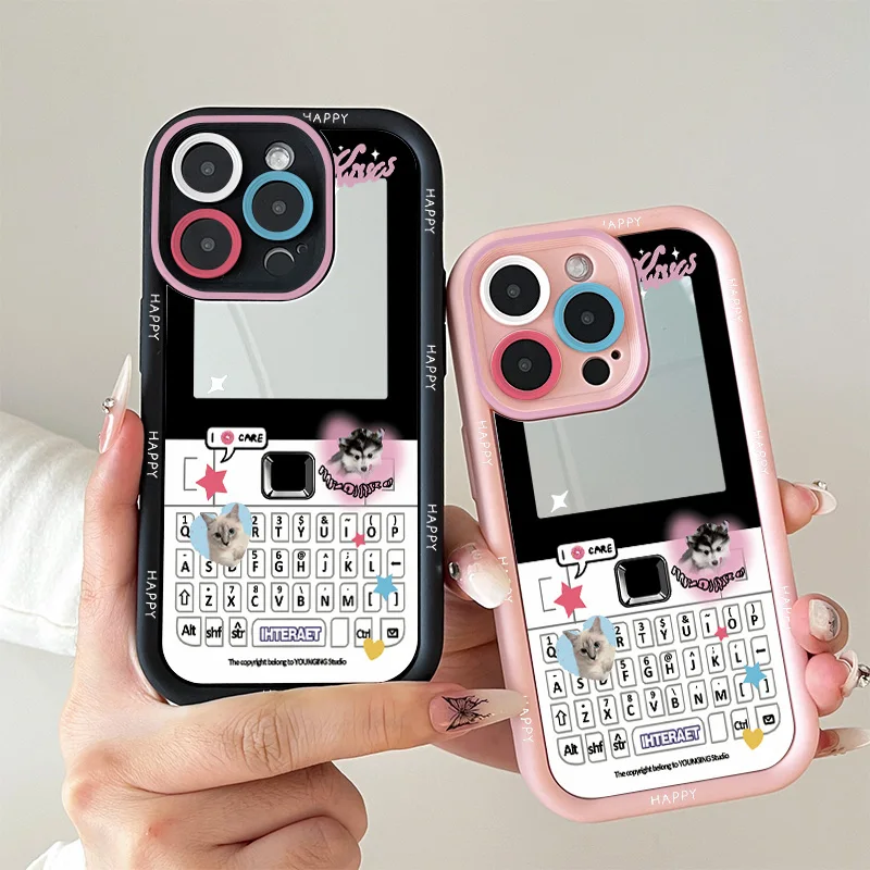

Retro Cute Button Cat Dog Makeup Mirror Case For Realme C65 C63 C67 C53 C61 C51 C25 C21 C12 C11 11 7i 5i 8i C20 C55 C35 C33 C21Y