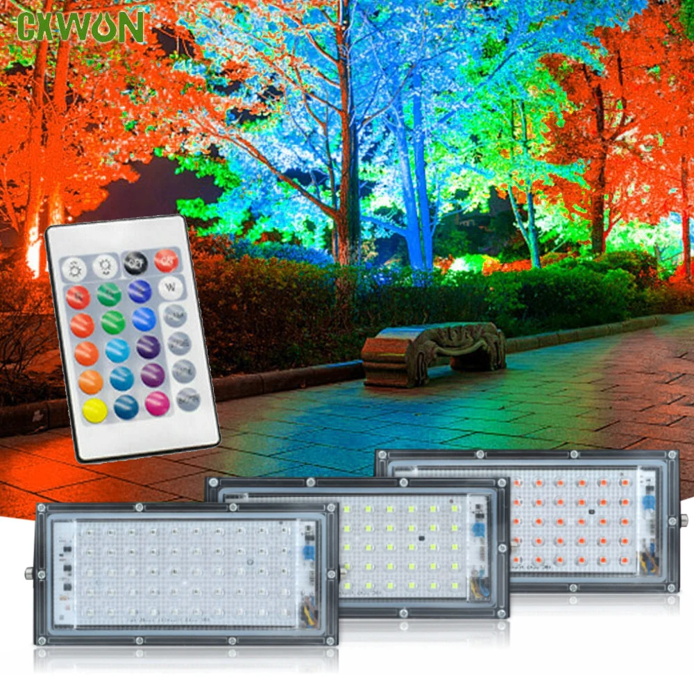 

High Power LED Flood Lights With Remote Control RGB Outdoor Lighting Parks The Garden Decorative Spotlights Aluminum Flood Lamp