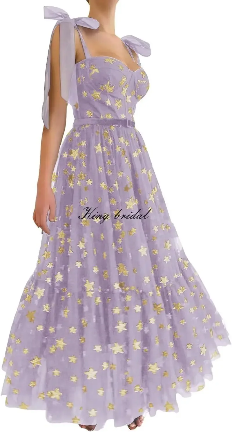 Tüll-Abschlussball-Club-Kleider für Damen, Tee-Länge, glitzernd, Stern, A-Linie, formelles Abend-Partykleid, maßgeschneidert, elegant, glitzernd, sternenklar