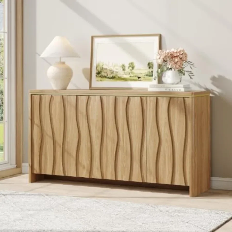 Fluted Buffet Cabinet with Storage for Kitchen, Coffee, Wine Bar Use Wood, Natural Beige Elegant Texture and Ample Organized Sp