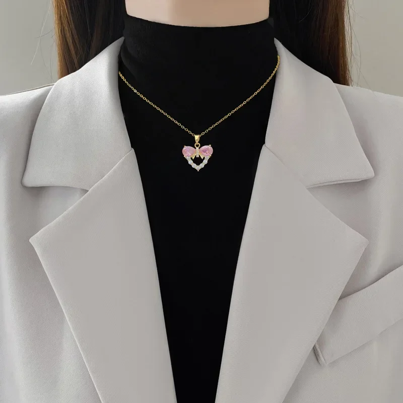 Rhinestone Heart Women Pendant Necklace Clavicle Choker Chain Party Accessories Delicacy Gifts Bowknot Love Necklace Jewelry