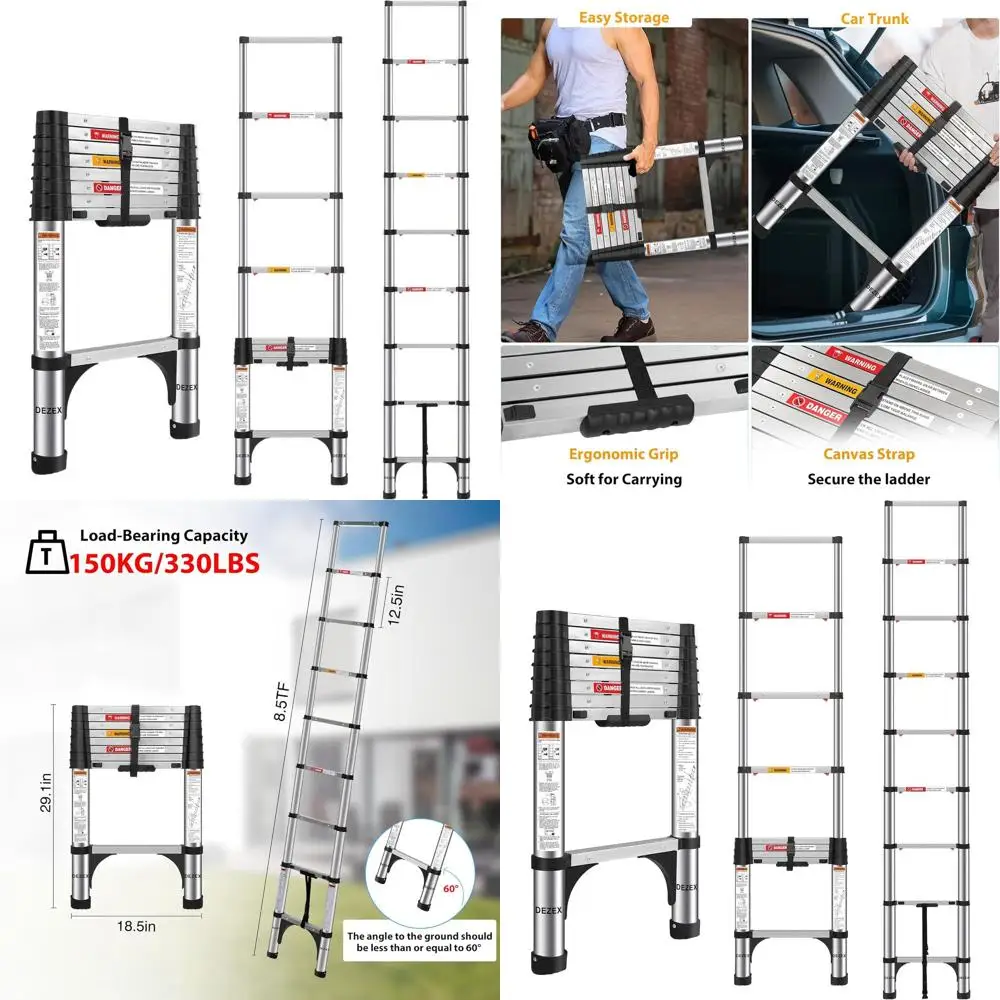 سلم تصغير من الفولاذ المقاوم للصدأ بطول 8.5 قدم - سهل السحب، سعة 375 رطلاً، مثالي للمنزل، RV، Loft
