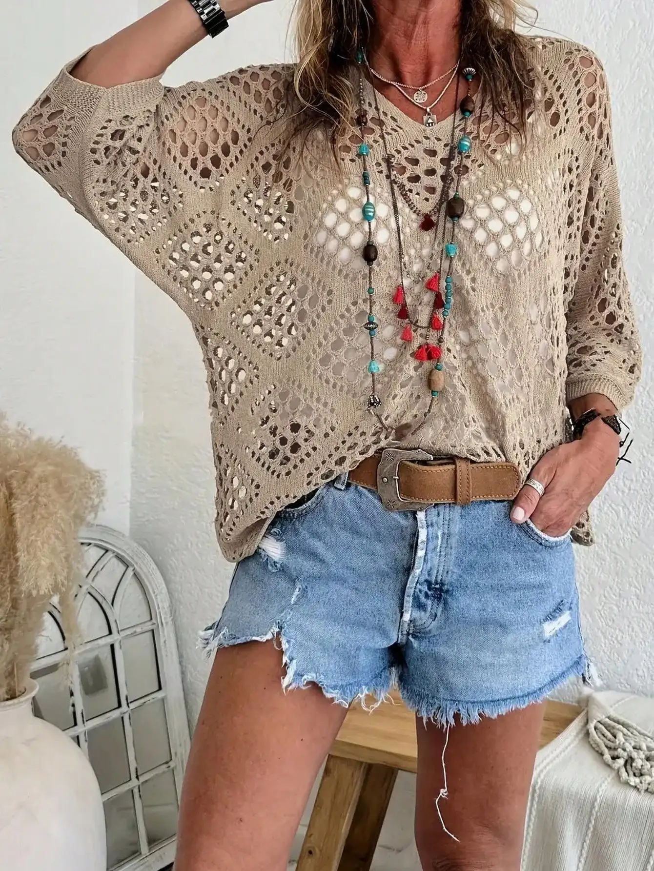 

2026 New Hollow Out Knit Top for Women Beige V Neck 3/4 Sleeve Loose Casual Boho Beach Summer Blouse