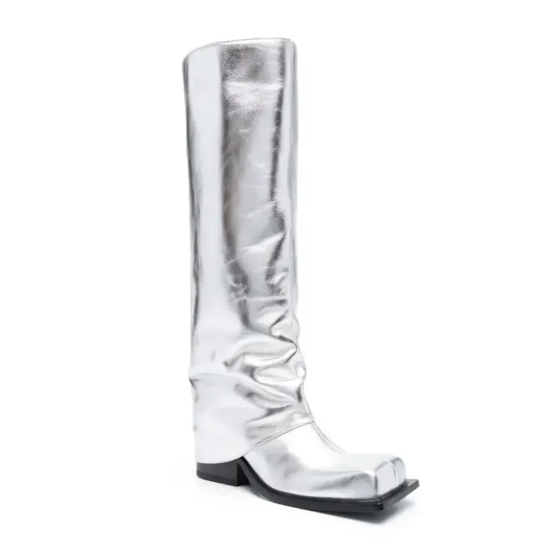 

New Big Barrel Apron Boots Thick Square Round Head Long Barrel Women's Boots Genuine Leather Thick Sole Metal Knight Boots