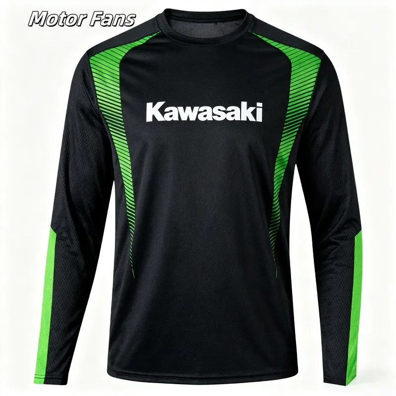 

Moto Fans Kawasaki Long - Sleeve Shirt, featuring a black with green and the Kawasaki logo, ideal for motorcycle fans