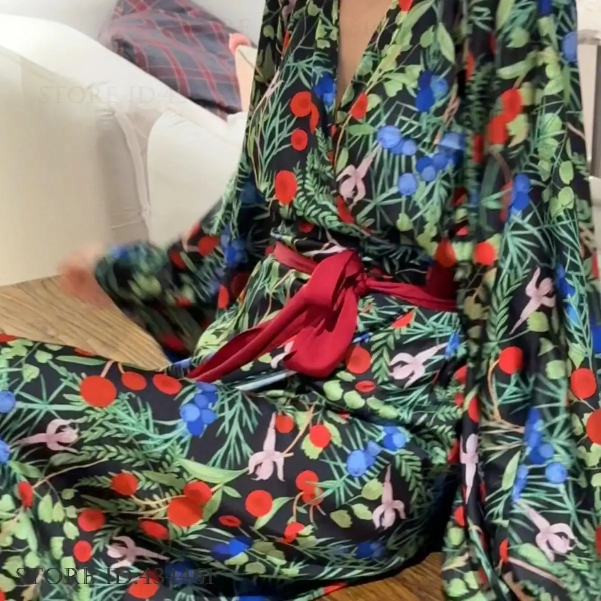 

Роскошный халат-кимоно с цветочным принтом в китайском стиле, длинный, свободный, повседневный, из ледяного шелка, для дома и сна