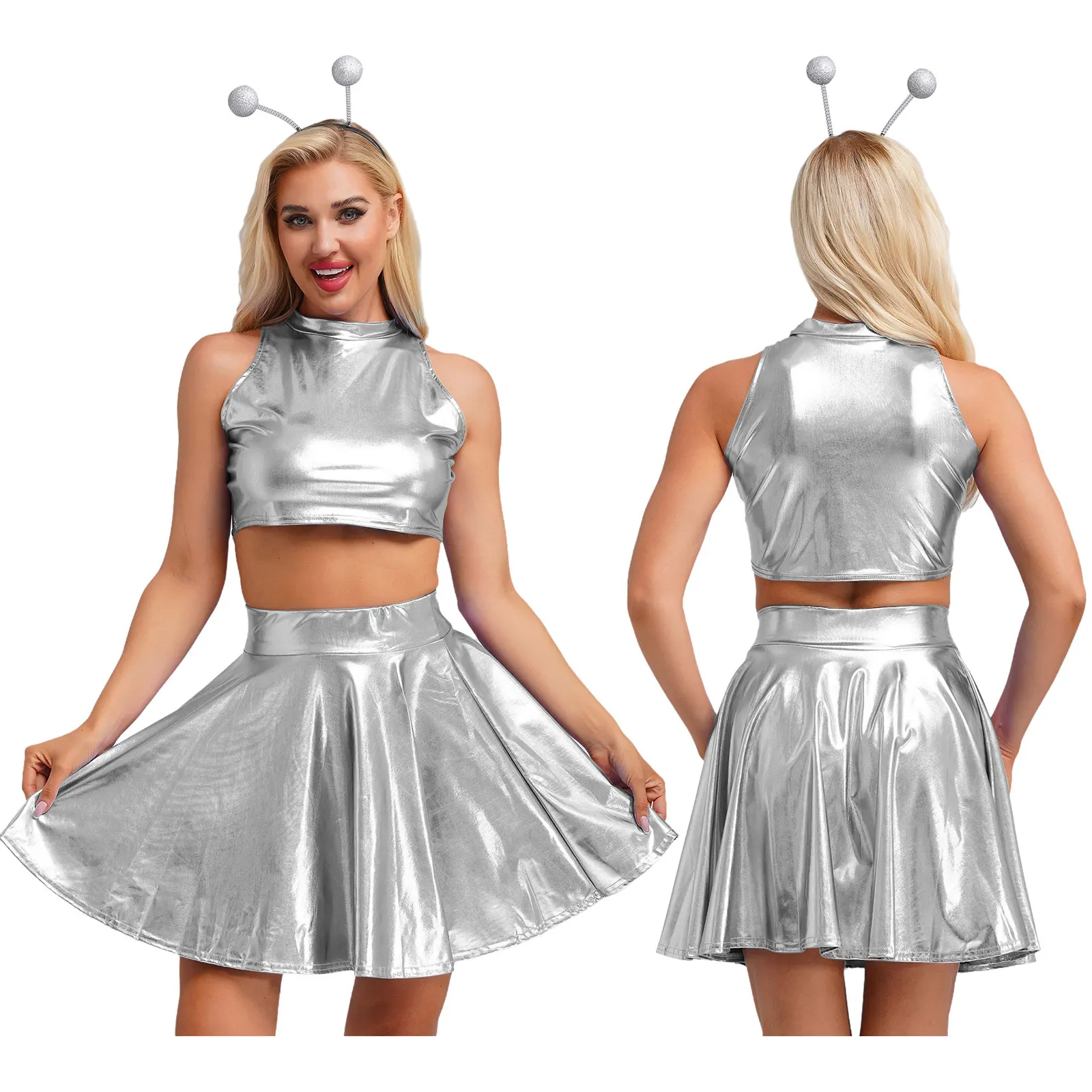 

Women Alien Space Elf Role Play Costume Shiny Metallic Crop Top with Flare Skirt And Hair Hoop Headband Set Halloween Carnivals