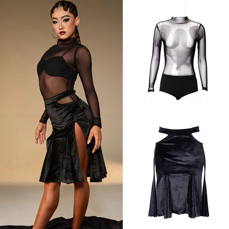 

Fashion Women'S Latin Dance Costume Sexy Mesh Bodsyuit Velvet Skirt Adults Chacha Samba Rumba Ballroom Dance Wear DW10310